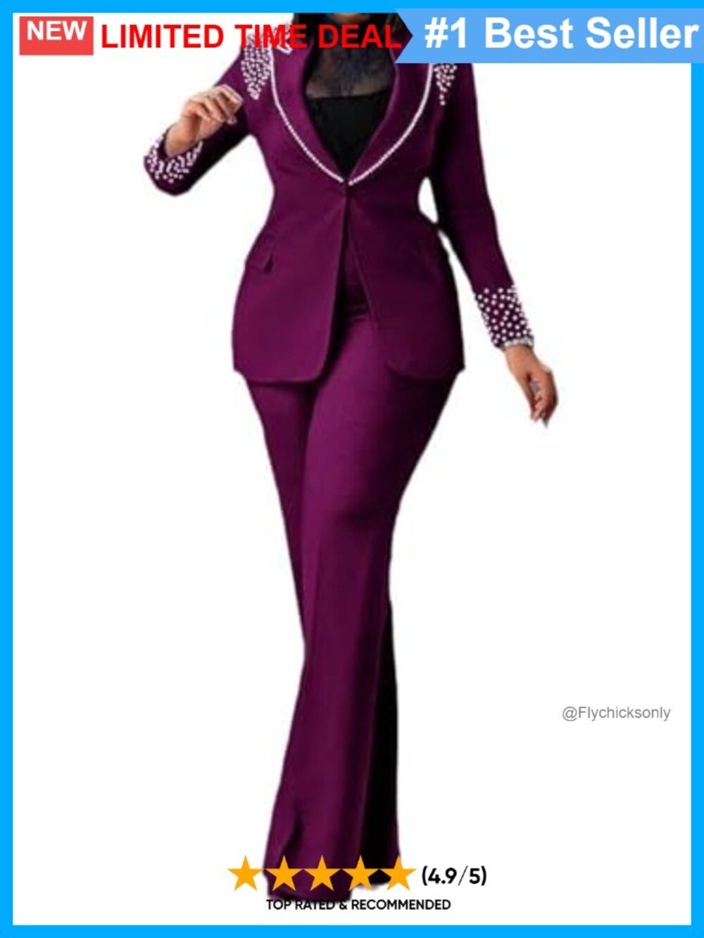 Pearl Embellished Blazer & Flare Pants Suit Set Business Office